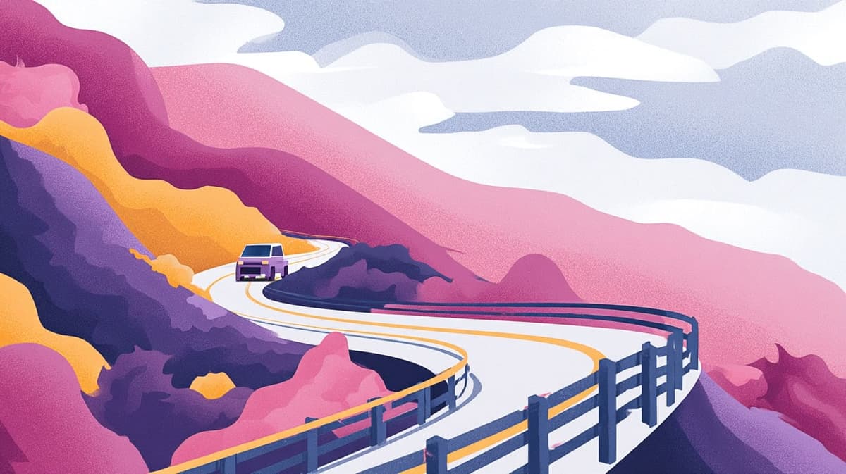 Illustration of guardrails on a mountain highway with ai vehicle for What Are Ethical Considerations in AI?